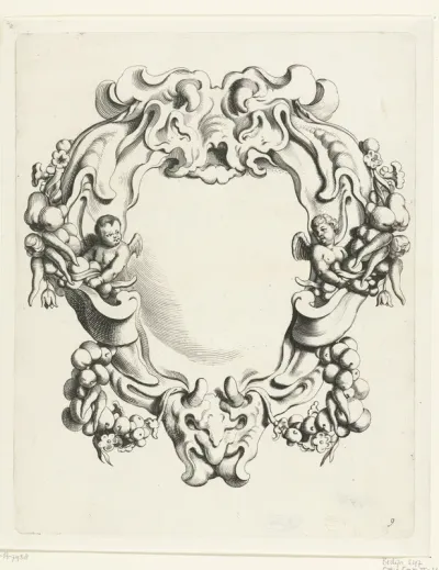 Cartouche met kwabornament met twee putti