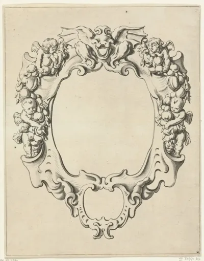 Cartouche met kwabornament met vier engeltjes