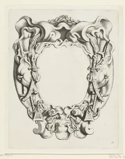 Cartouche met kwabornament met wapentrofeëen