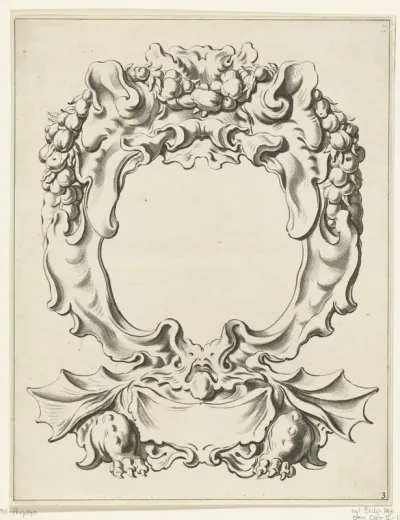 Cartouche met kwabornament, onderaan een gevleugeld monster