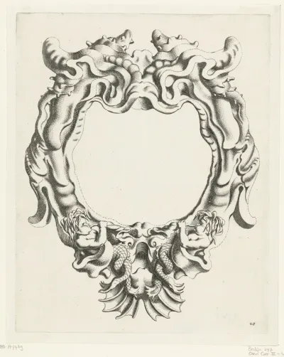 Cartouche met kwabornament, onderaan twee zeegoden