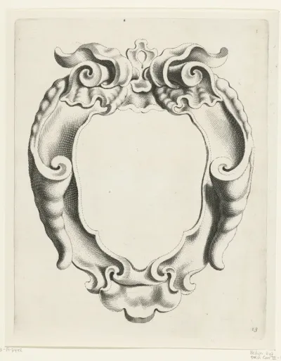 Cartouche met kwabornament waarvan de randen naar binnen krullen