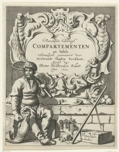 Cartouche met kwabornament waarvoor een visser zit
