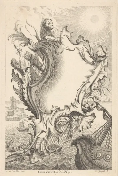 Cartouche met leeuw en wapens