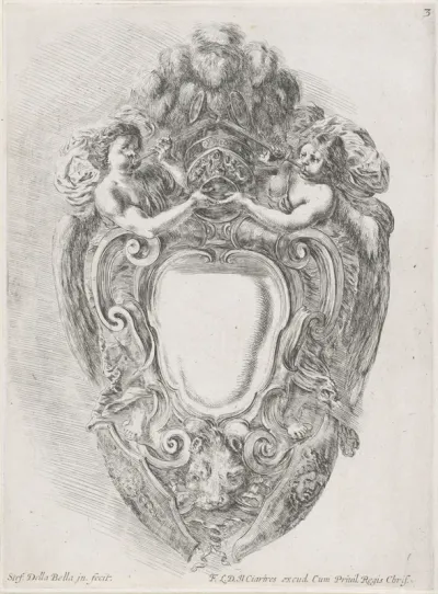 Cartouche met leeuwenkop, twee schilden en twee trompetblazende engelen die een helm ondersteunen