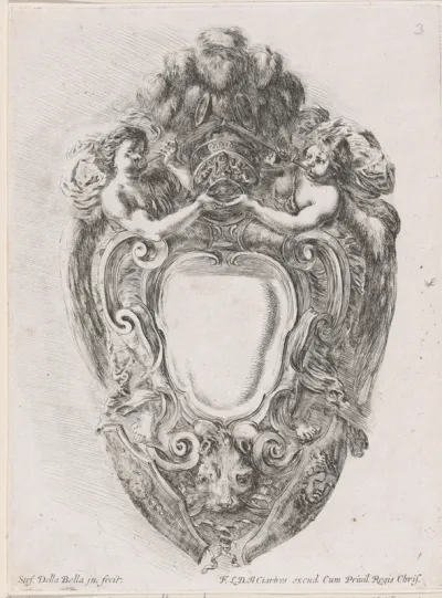 Cartouche met leeuwenkop, twee schilden en twee trompetblazende engelen die een helm ondersteunen