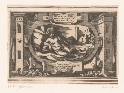 Cartouche met liggende putto bij doodshoofd