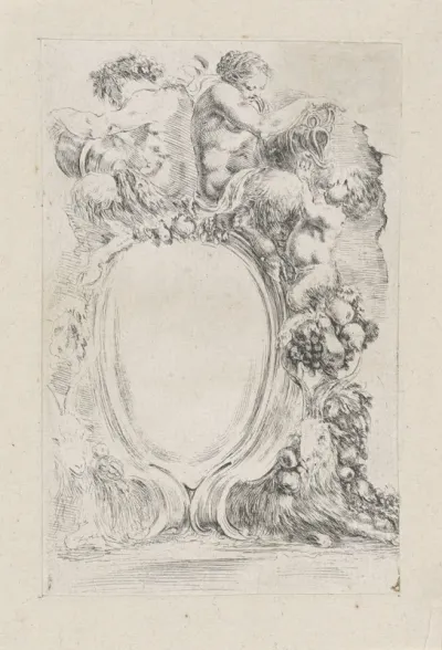 Cartouche met mannelijke en vrouwelijke sater met kruiken, een jonge sater en twee liggende geiten