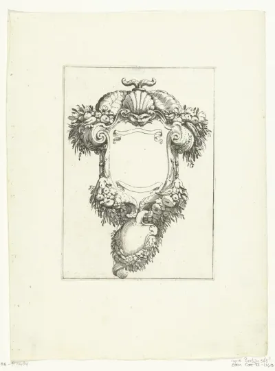 Cartouche met masker en hoorns des overvloeds