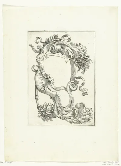 Cartouche met masker, guirlandes en een hoorn des overvloeds