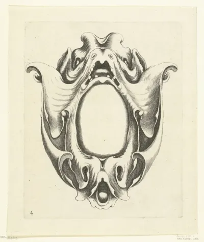 Cartouche met masker met gapende bek