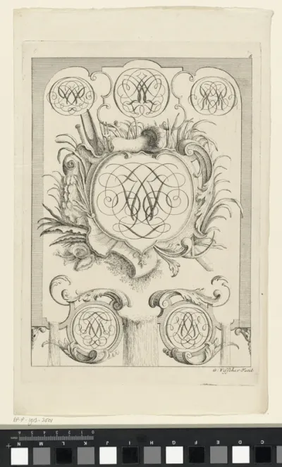 Cartouche met monogram omgeven door krullen en grassen