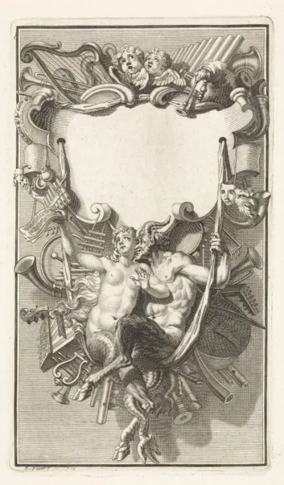 Cartouche met nereïde en sater omgeven door muziekinstrumenten