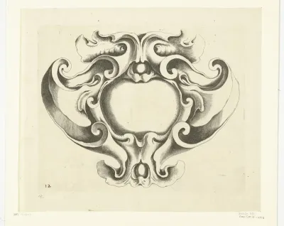 Cartouche met onderaan en bovenaan een masker
