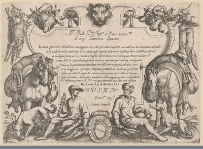 Cartouche met opdracht, jagers, jachthonden, paarden en dode dieren