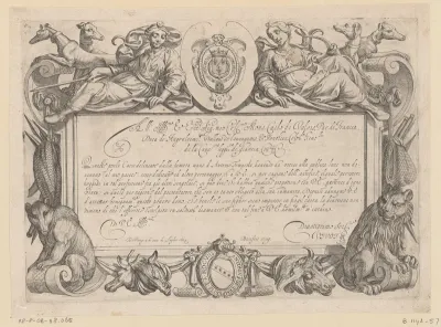 Cartouche met opdracht, leeuw, beer, Diana, nimf en jachthonden