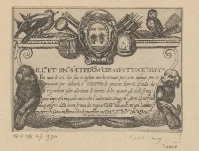 Cartouche met opdracht, twee jachthonden, een uil en een valk