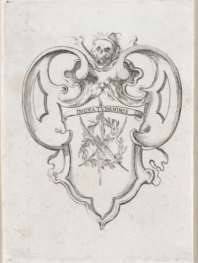 Cartouche met palmtakken en laurierkrans