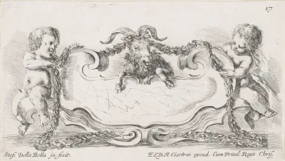 Cartouche met ram en twee putti