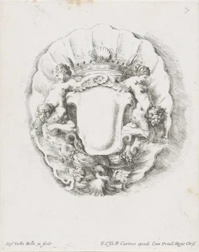 Cartouche met schelp, kroon en tritons met sirenes op de schouders