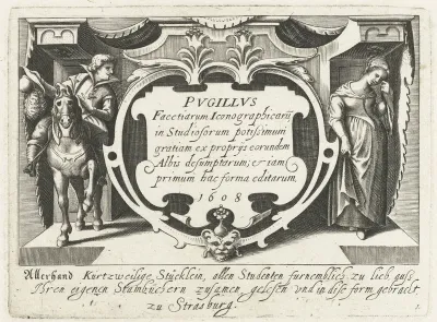 Cartouche met serietitel en aan de zijdes een man te paard en een huilende vrouw