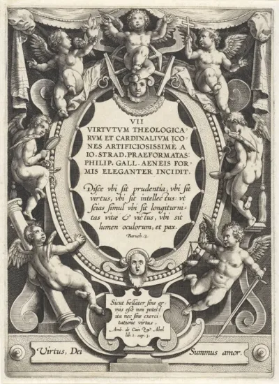 Cartouche met serietitel, omringd door putti