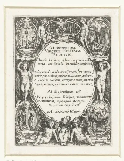 Cartouche met tekst omringd door putti en scènes uit het leven van Maria