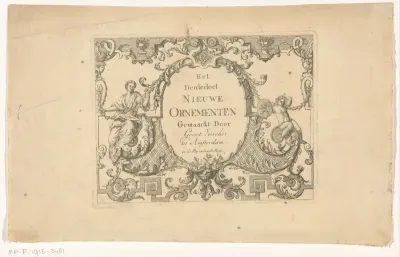 Cartouche met titel geflankeerd door een vrouw en een putto