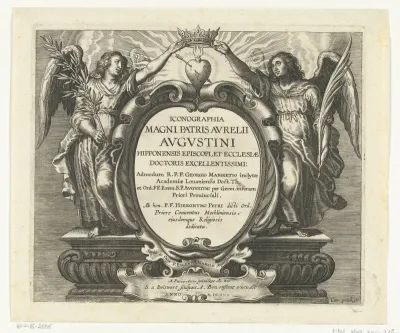 Cartouche met titel geflankeerd door twee engelen die kroon vasthouden boven brandend hart