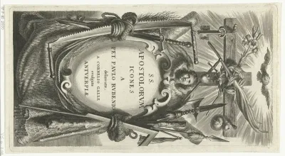 Cartouche met titel in omlijsting met attributen van heiligen