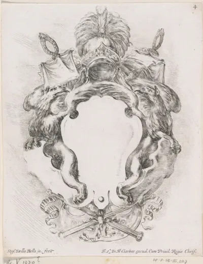 Cartouche met twee adelaars, een helm met pluim en twee lege schilden.