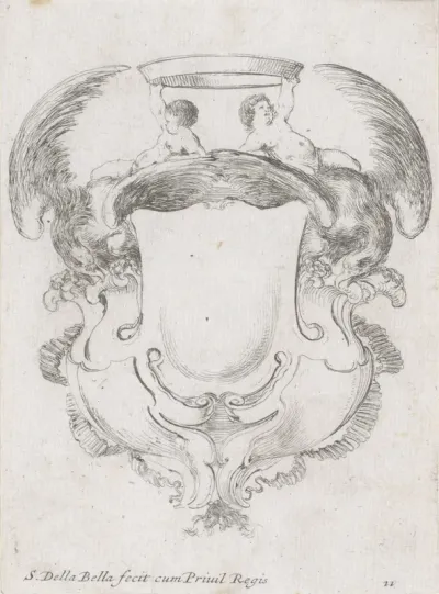 Cartouche met twee adelaars en twee putti die een kroon vasthouden