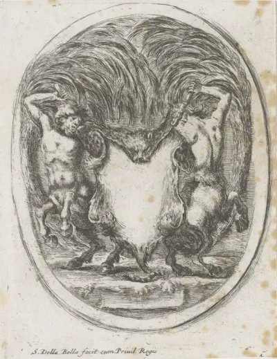 Cartouche met twee centauren die een pantervel ophouden