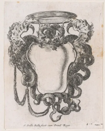 Cartouche met twee draken en een kroon