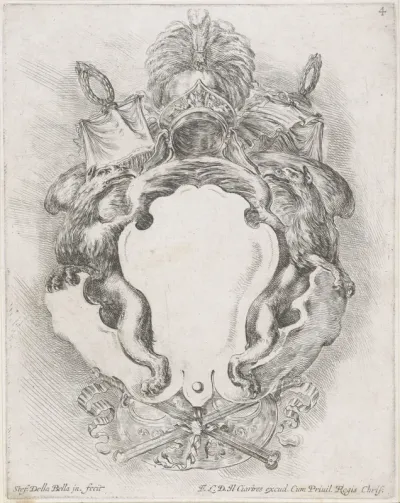 Cartouche met twee griffioenen en helm erboven