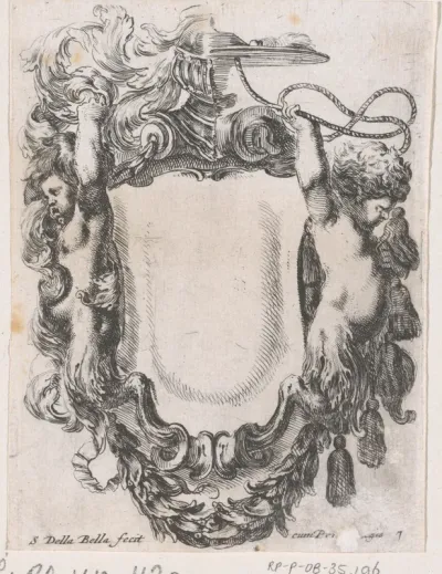 Cartouche met twee jonge saters, een halve kardinaalshoed en een halve helm