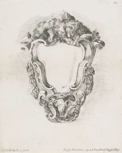 Cartouche met twee leeuwen, een os en een schedel van een ram