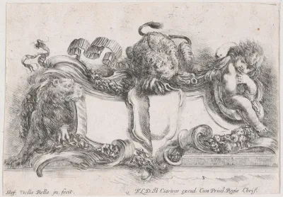 Cartouche met twee leeuwen en een putto