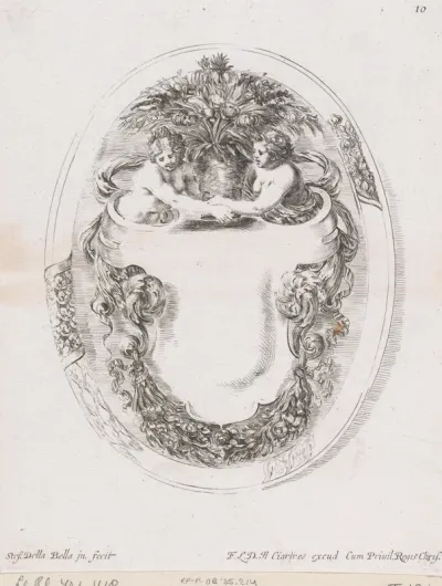 Cartouche met twee naakte vrouwen uitlopend in bladornament die vaas met bloemen vasthouden