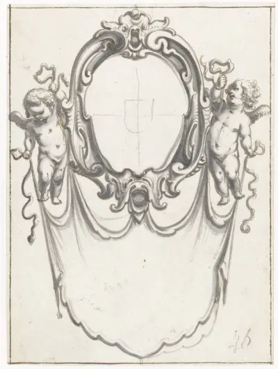 Cartouche met twee putti met een draperie