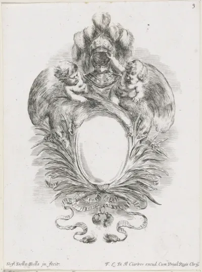 Cartouche met twee putti op adelaars die samen een helm ophouden