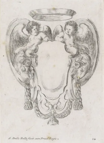 Cartouche met twee ramskoppen, twee putti en een kroon