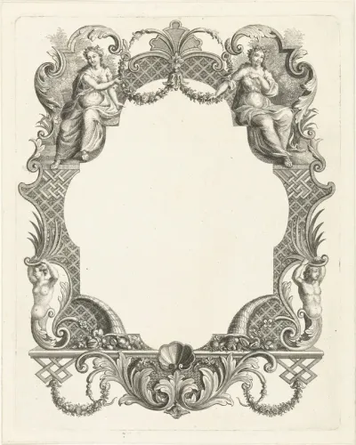 Cartouche met twee vrouwenfiguren en ornamenten