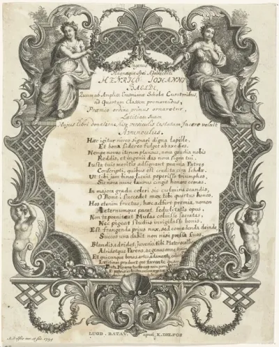 Cartouche met twee vrouwenfiguren en ornamenten
