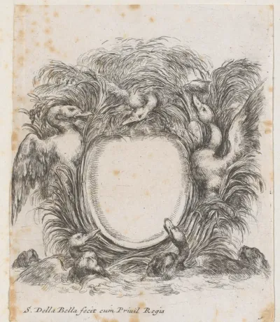 Cartouche met vijf eenden tussen het riet