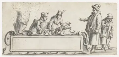 Cartouche met vijf Sami en een geschoten rendier