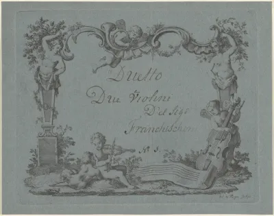 Cartouche met vioolspelende putto en kariatiden