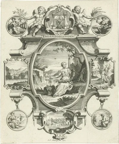 Cartouche met vrouw in landschap