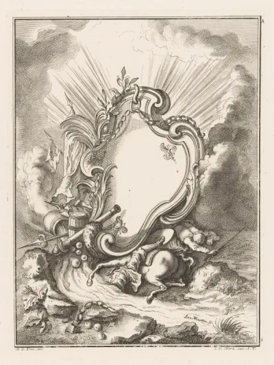 Cartouche met wapens en gewonden