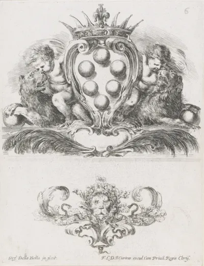 Cartouche met wapenschild en vignet met leeuwenkop